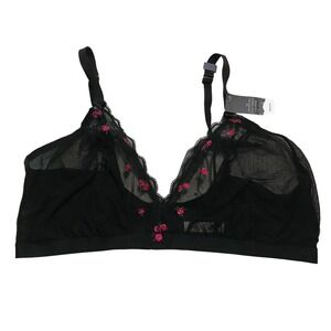 Cacique 46DDD Black Bralette Sheer Floral Embroidery Lace Trim Bralette